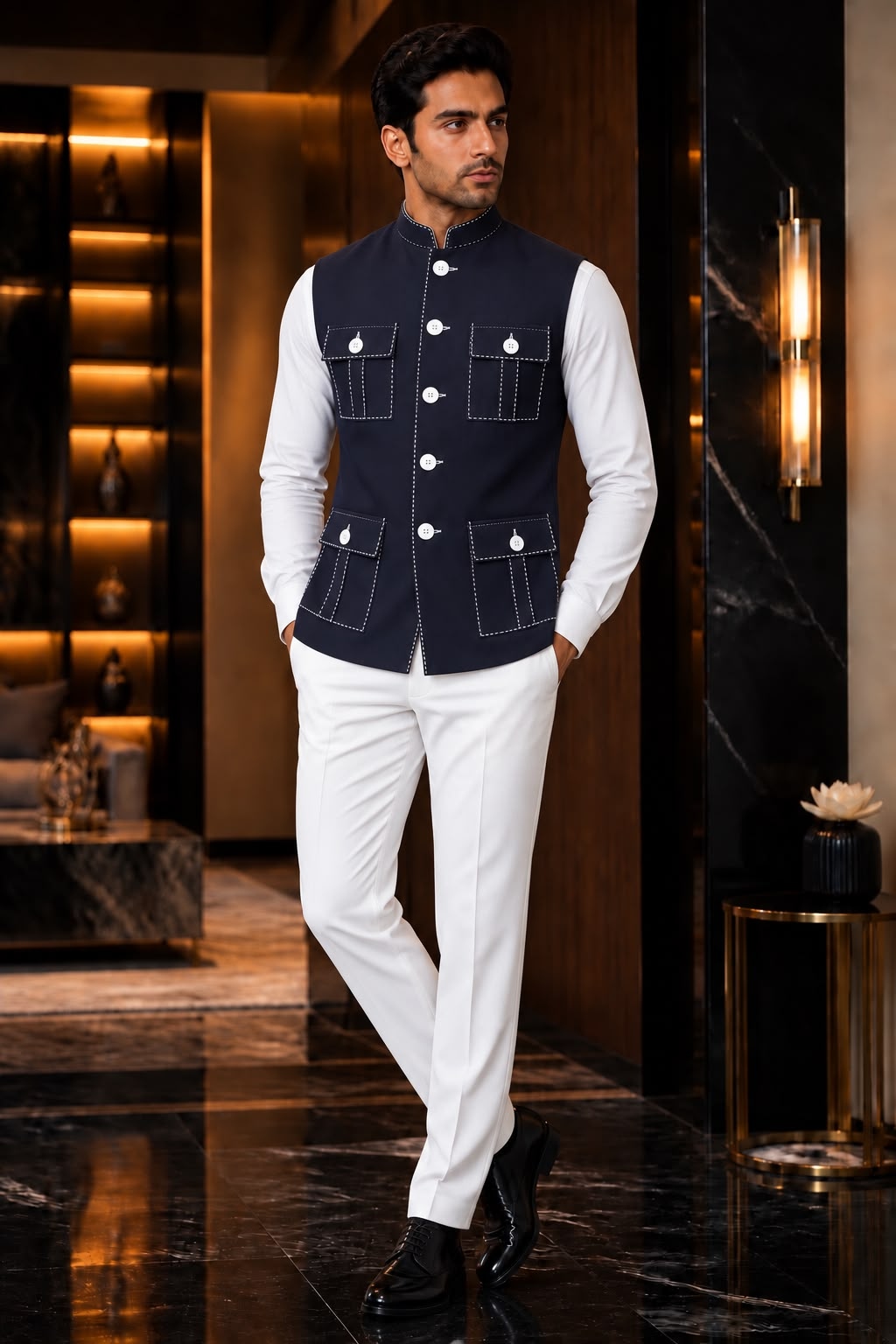 Navy Blue Lachka Silk Pocket Koti