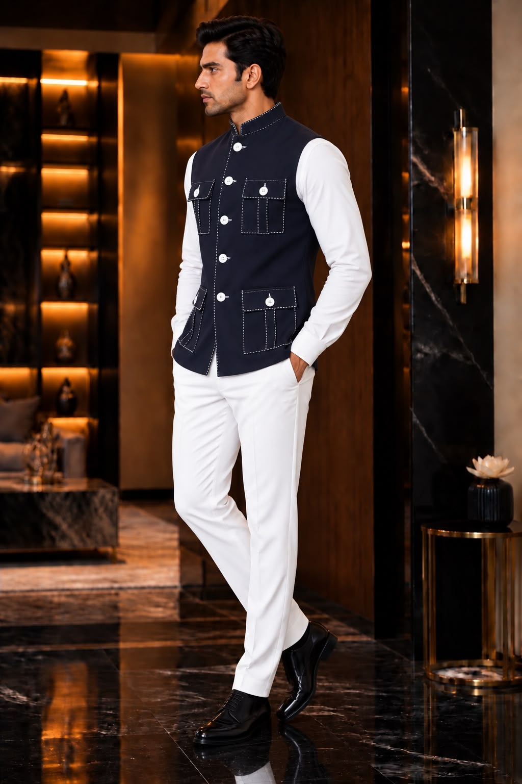 Navy Blue Lachka Silk Pocket Koti