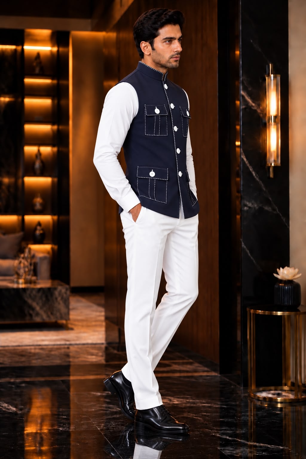 Navy Blue Lachka Silk Pocket Koti
