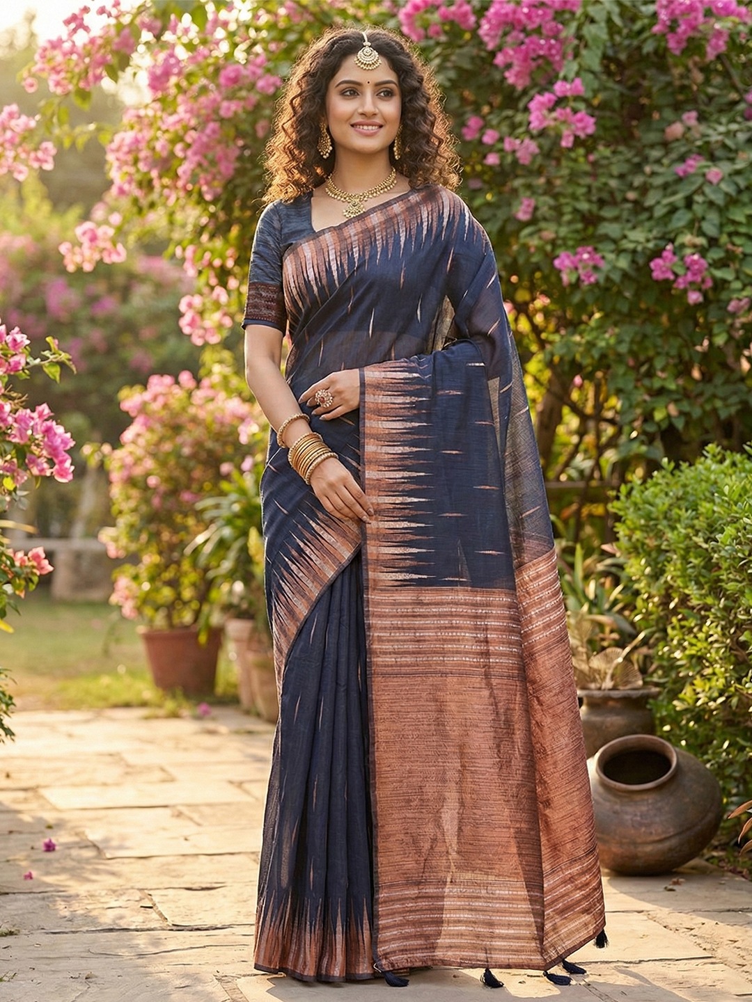 Navy Blue Linen Cotton Woven Designer Saree