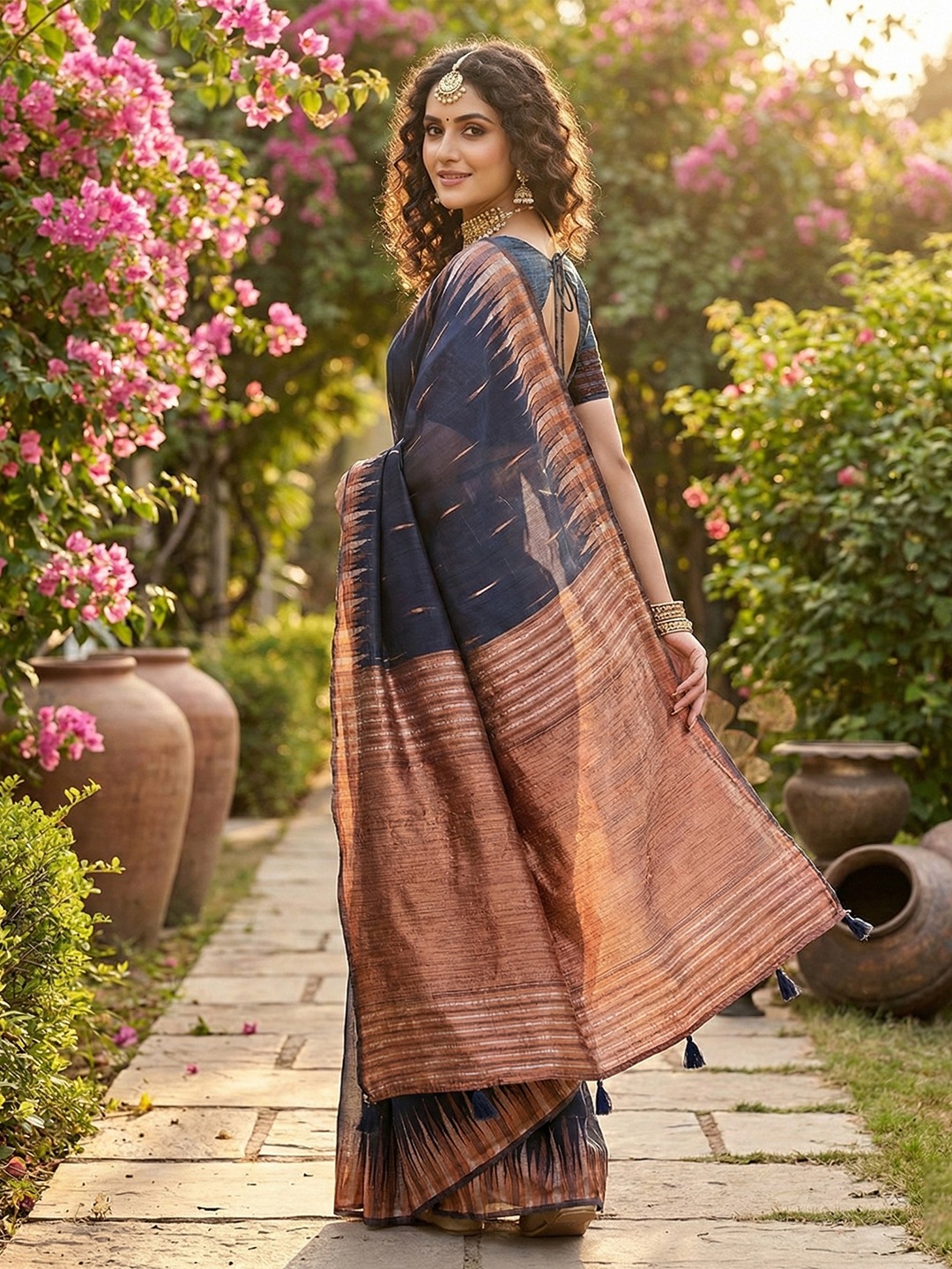Navy Blue Linen Cotton Woven Designer Saree — alternate view