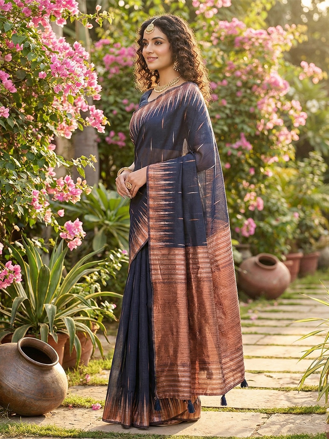 Navy Blue Linen Cotton Woven Designer Saree