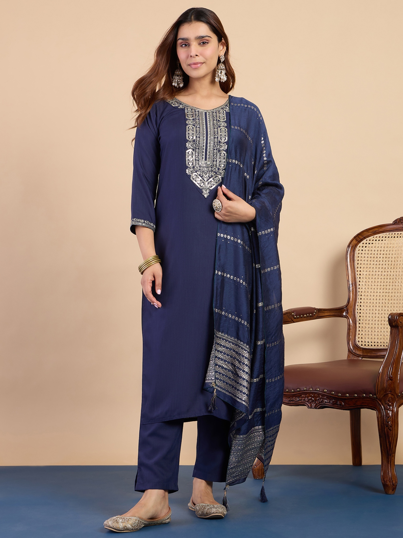 Navy Blue Minimal Embroidery Cotton Blend Salwar Suit