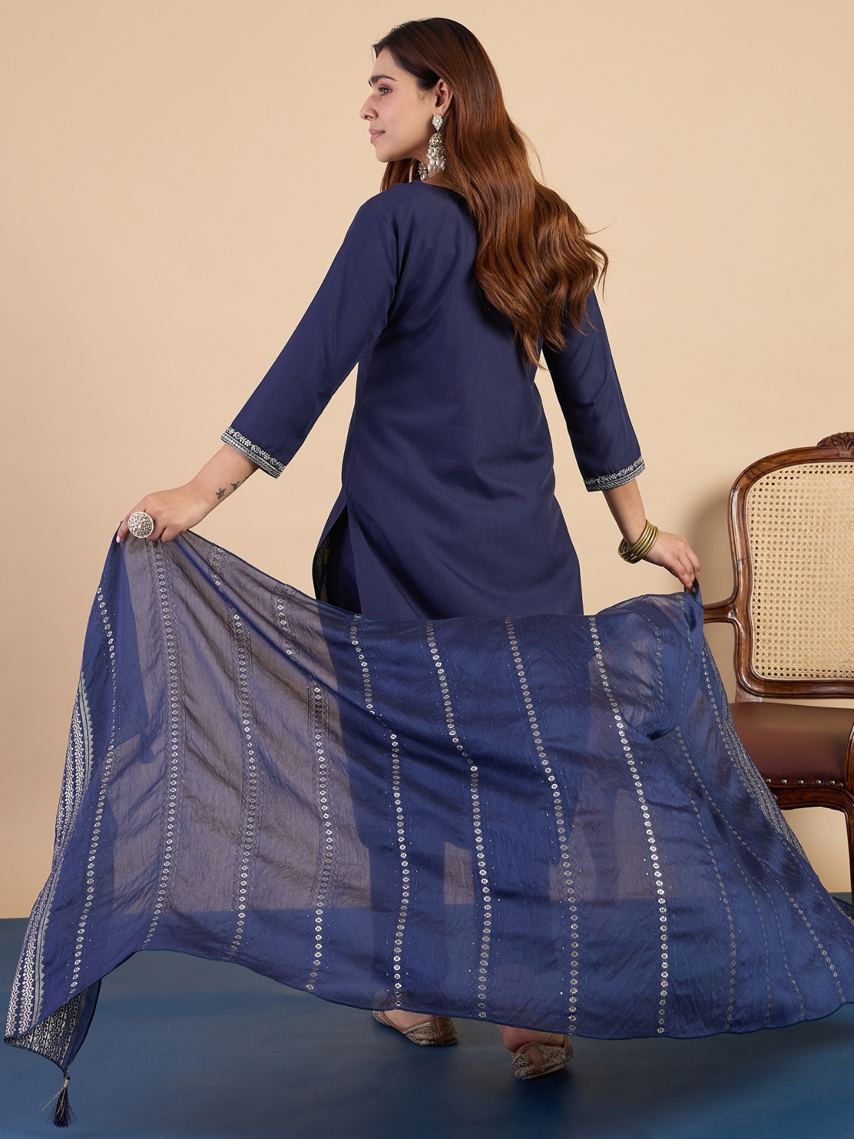 Navy Blue Minimal Embroidery Cotton Blend Salwar Suit — alternate view