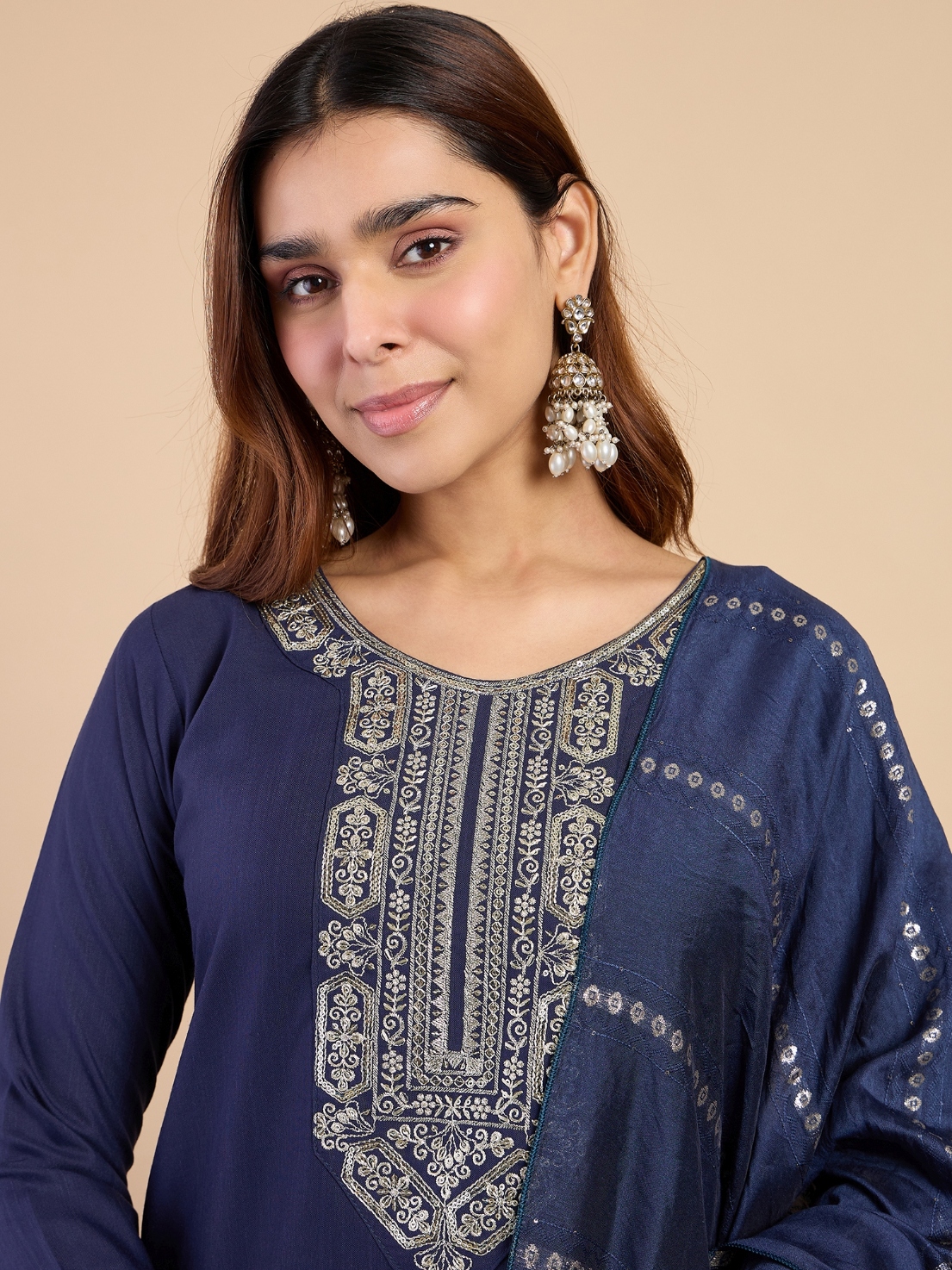 Navy Blue Minimal Embroidery Cotton Blend Salwar Suit