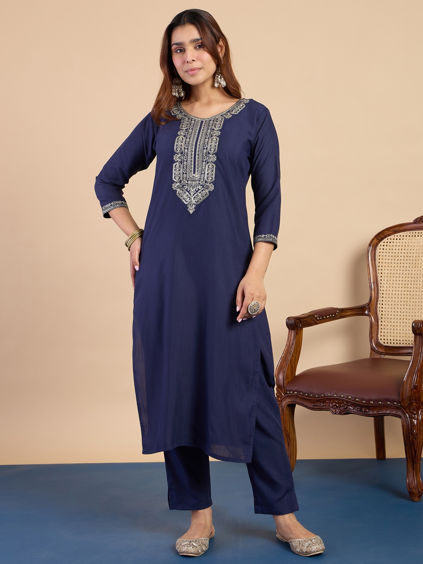 Navy Blue Minimal Embroidery Cotton Blend Salwar Suit