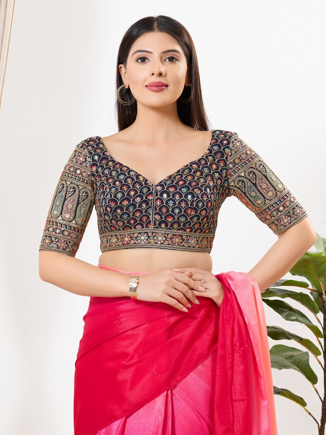 Navy Blue Mughal Zari Silk Blouse