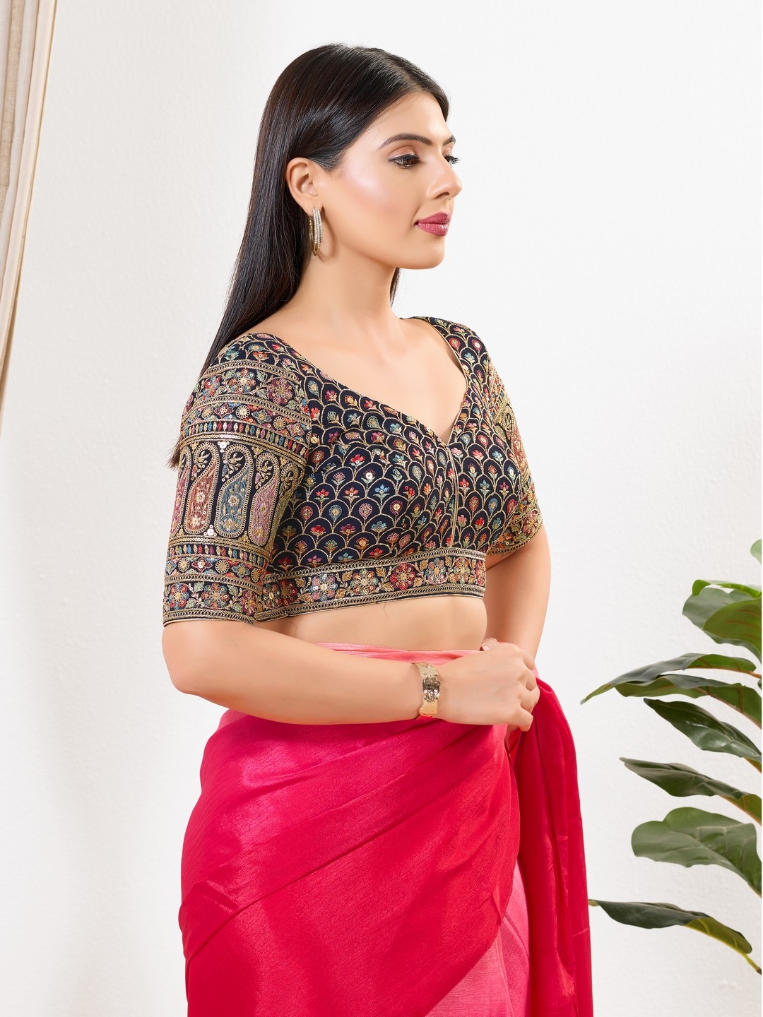 Navy Blue Mughal Zari Silk Blouse