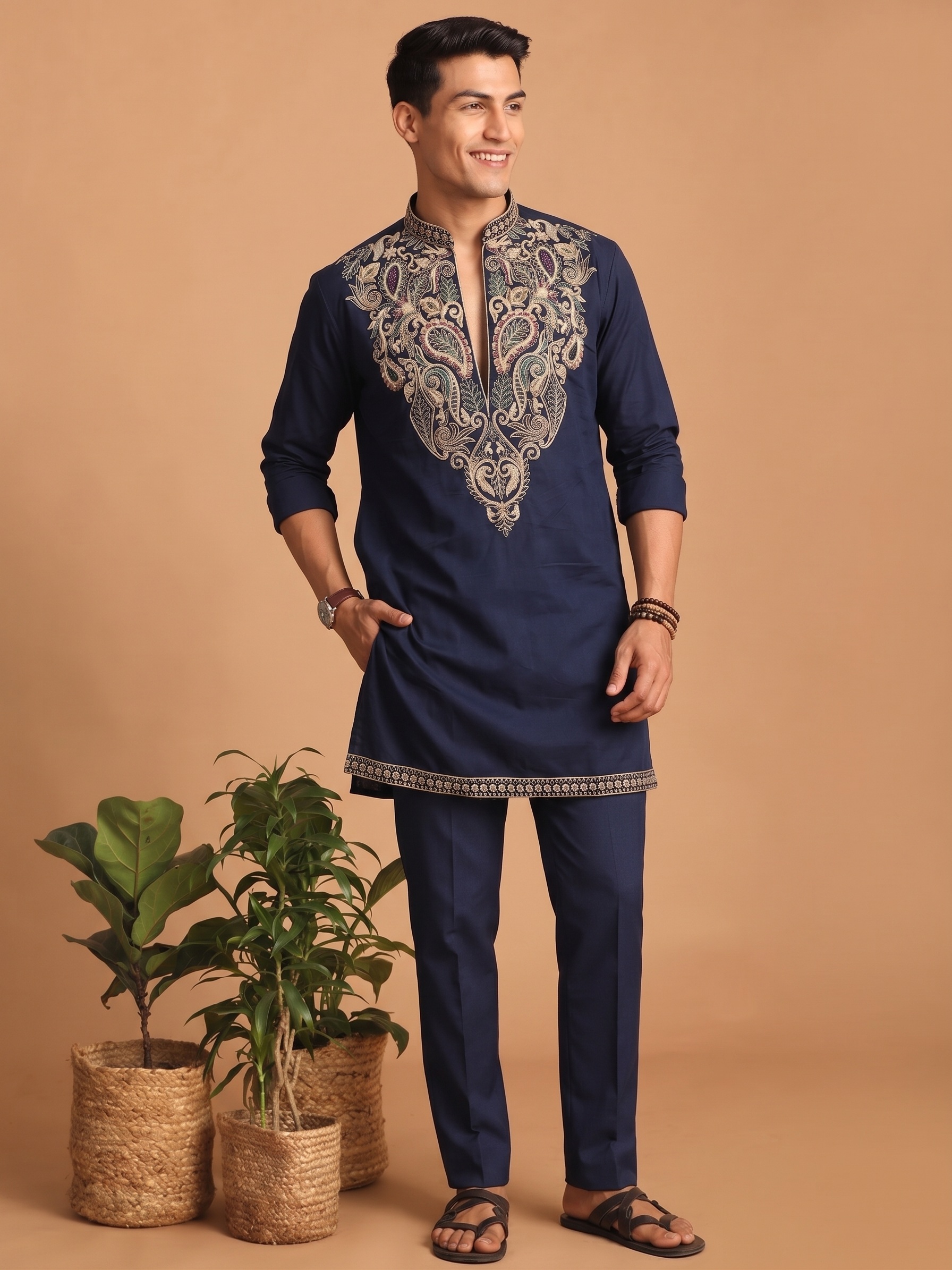 Navy Blue Paisley Embroidered Lachka Kurta Pyjama