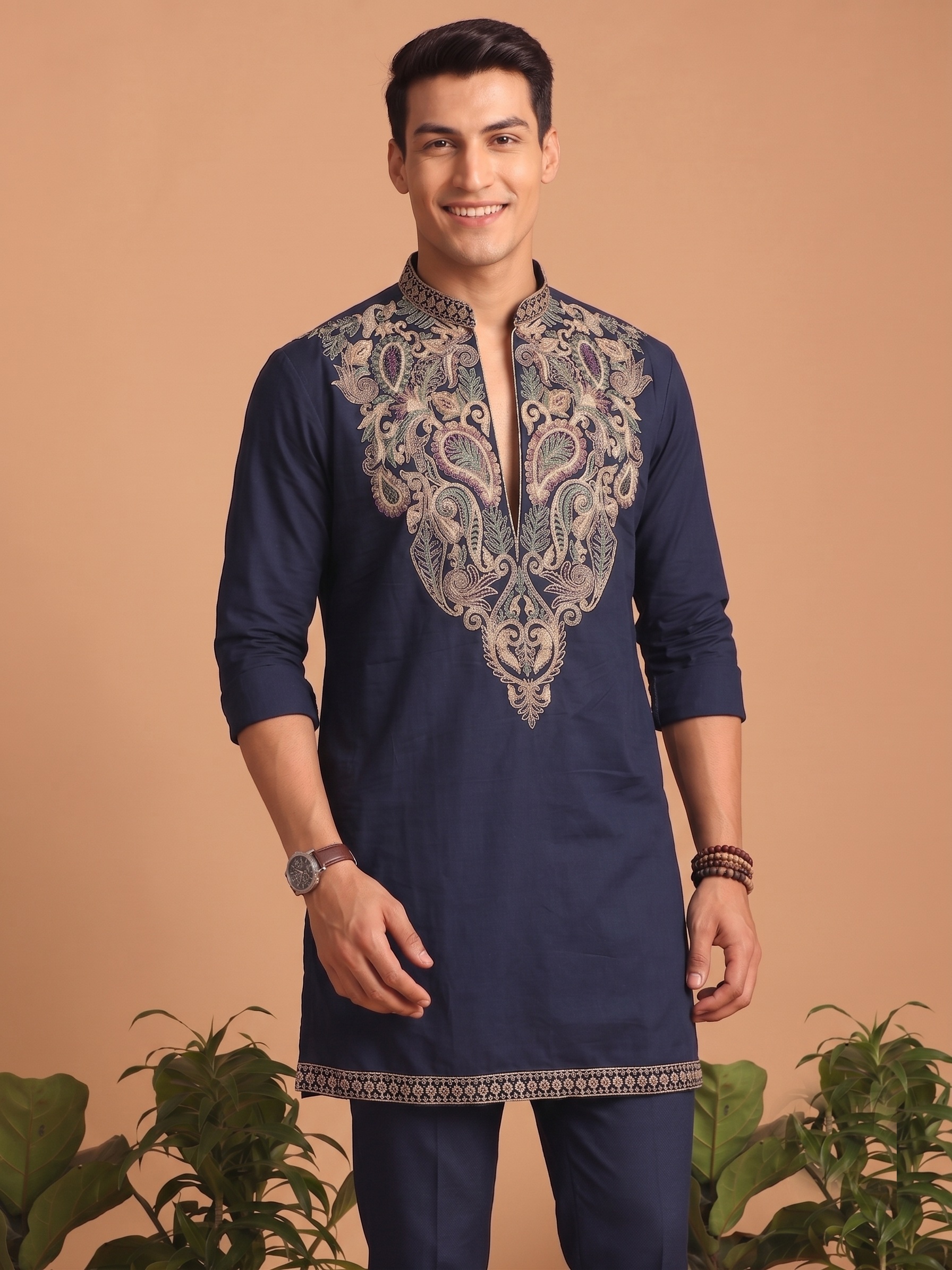 Navy Blue Paisley Embroidered Lachka Kurta Pyjama