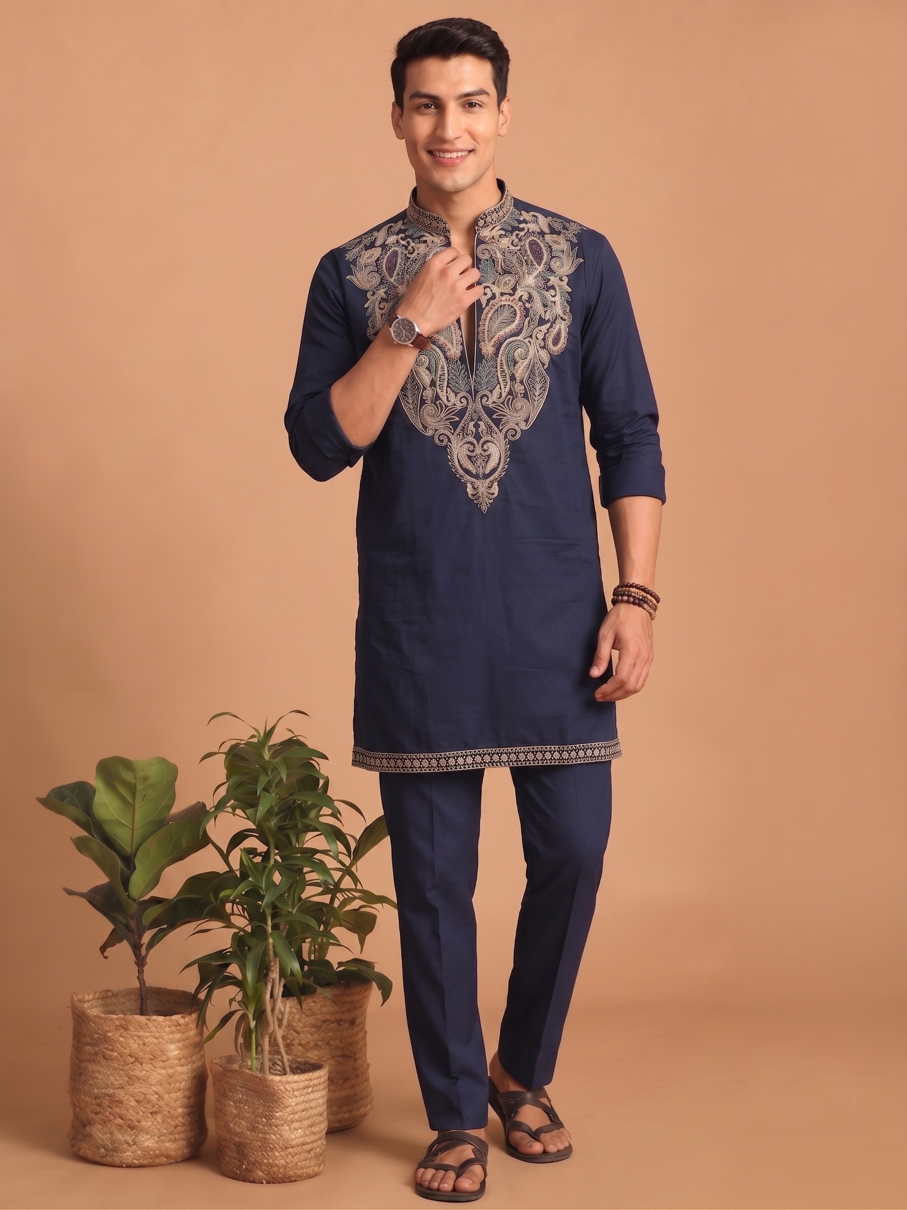Navy Blue Paisley Embroidered Lachka Kurta Pyjama