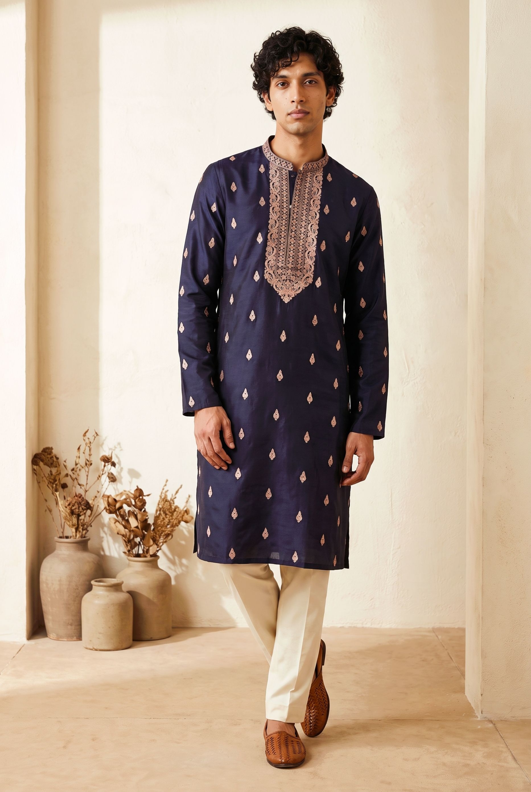 Navy Blue Paisley Embroidery Silk Kurta Pyjama