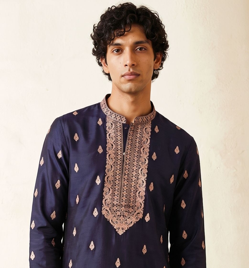 Navy Blue Paisley Embroidery Silk Kurta Pyjama — alternate view
