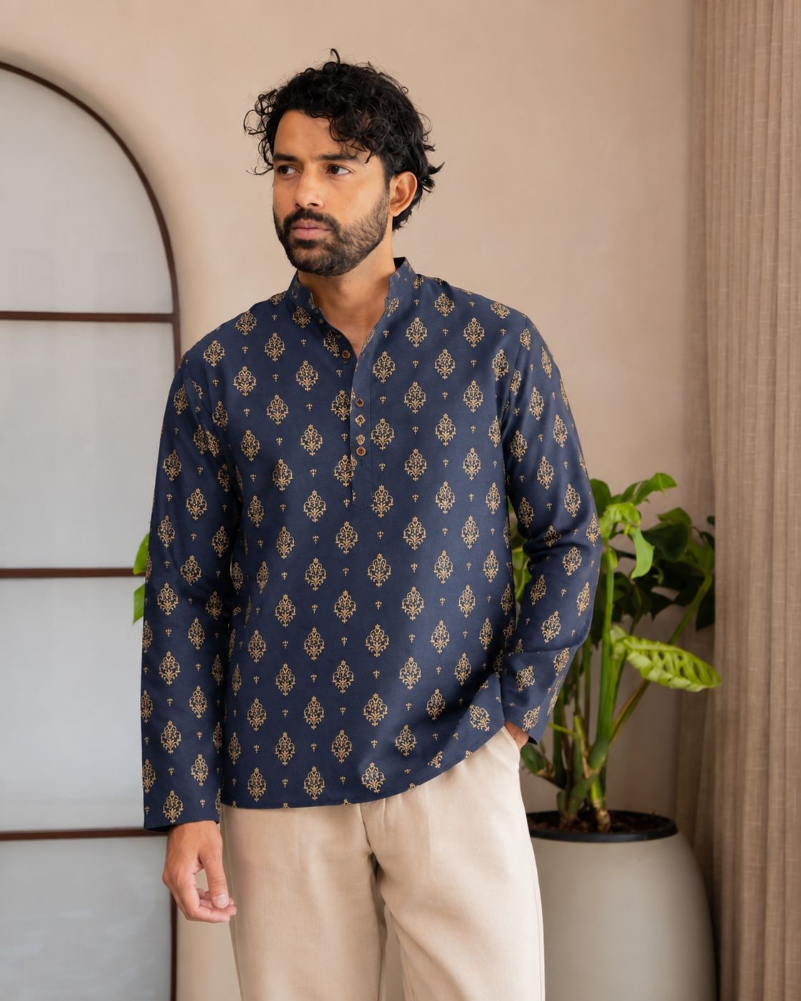 Navy Blue Paisley Printed Swiss Linen Short Kurta