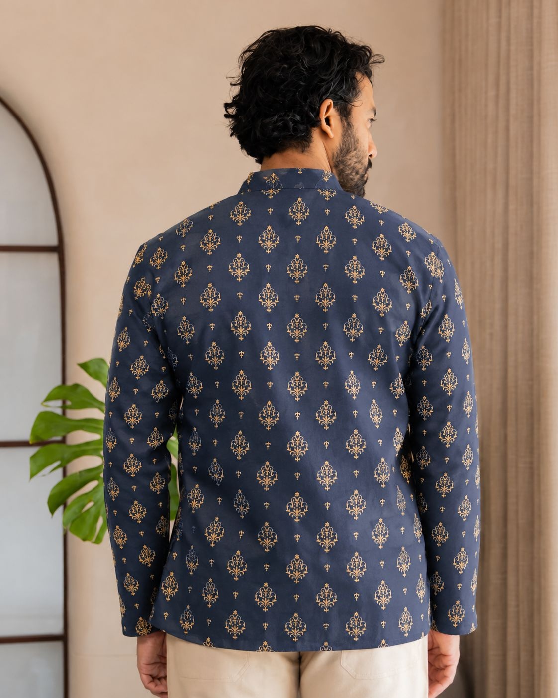 Navy Blue Paisley Printed Swiss Linen Short Kurta — alternate view