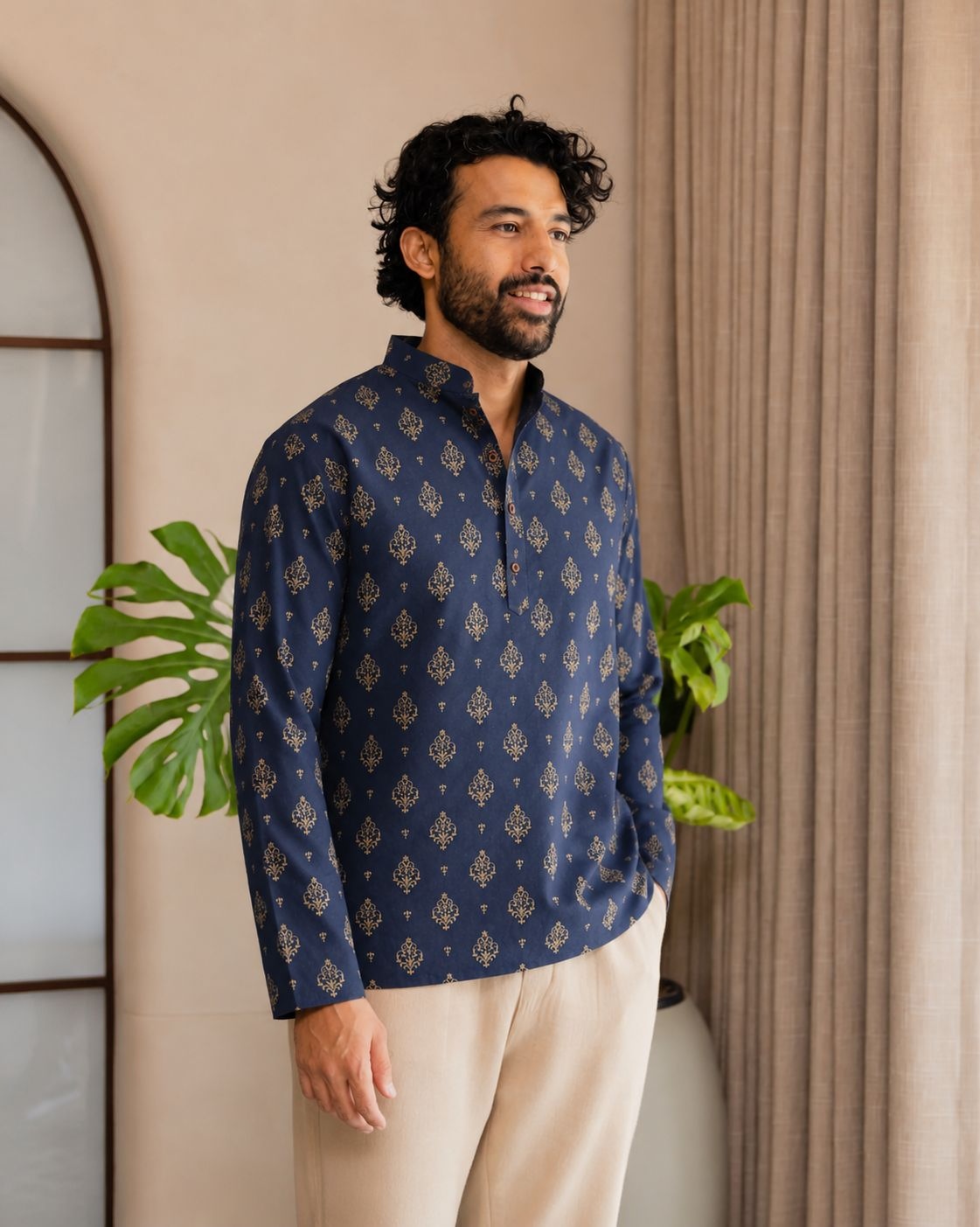 Navy Blue Paisley Printed Swiss Linen Short Kurta