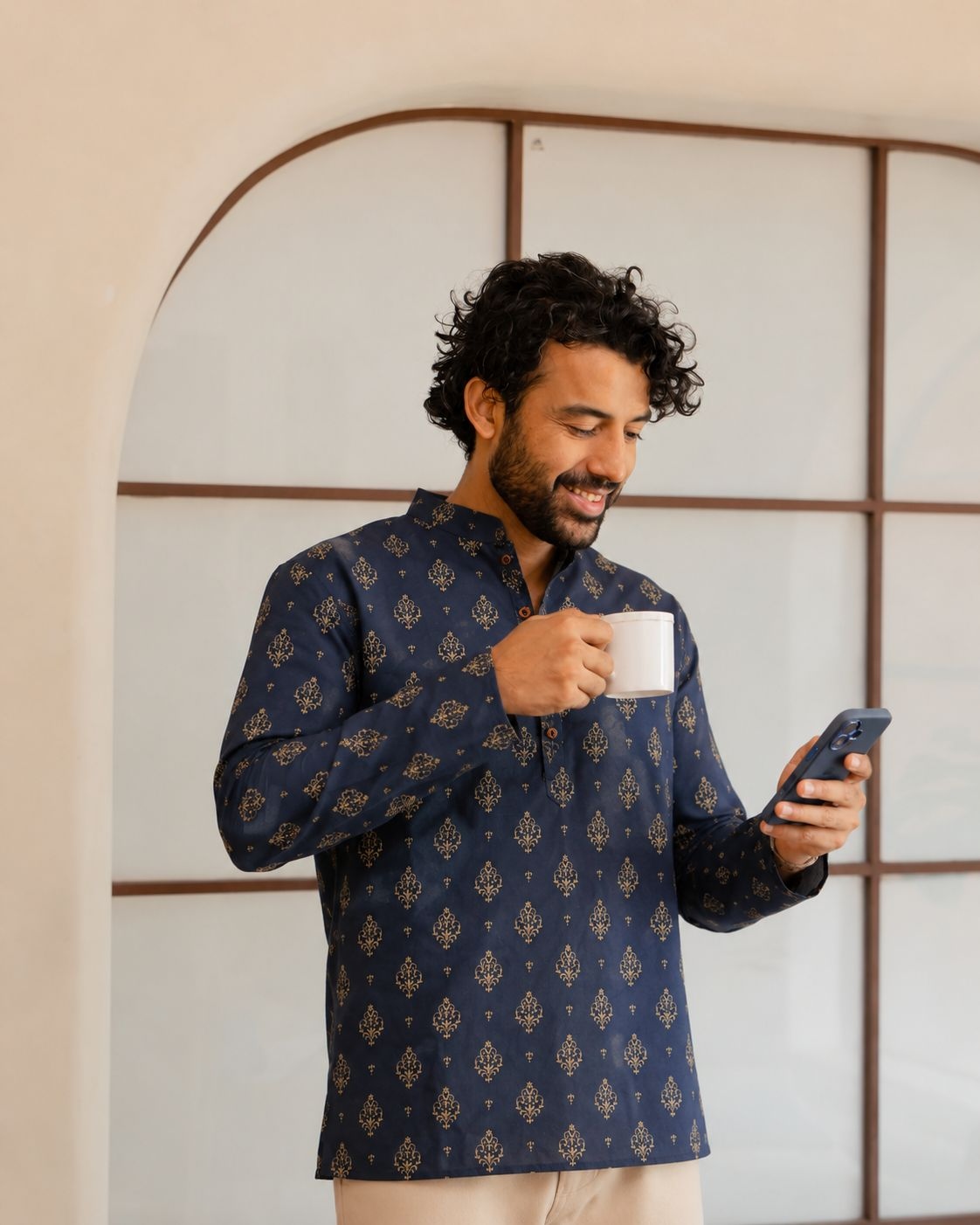 Navy Blue Paisley Printed Swiss Linen Short Kurta