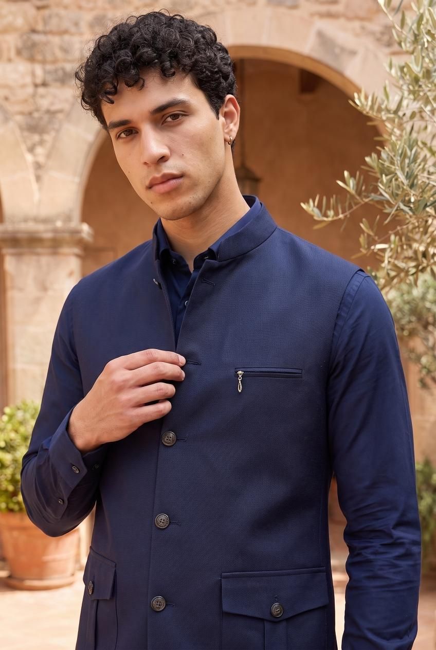 Navy Blue Prime Jute Nehru Jacket — alternate view