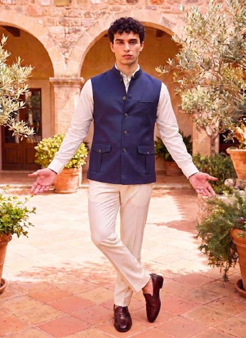 Navy Blue Prime Jute Nehru Jacket