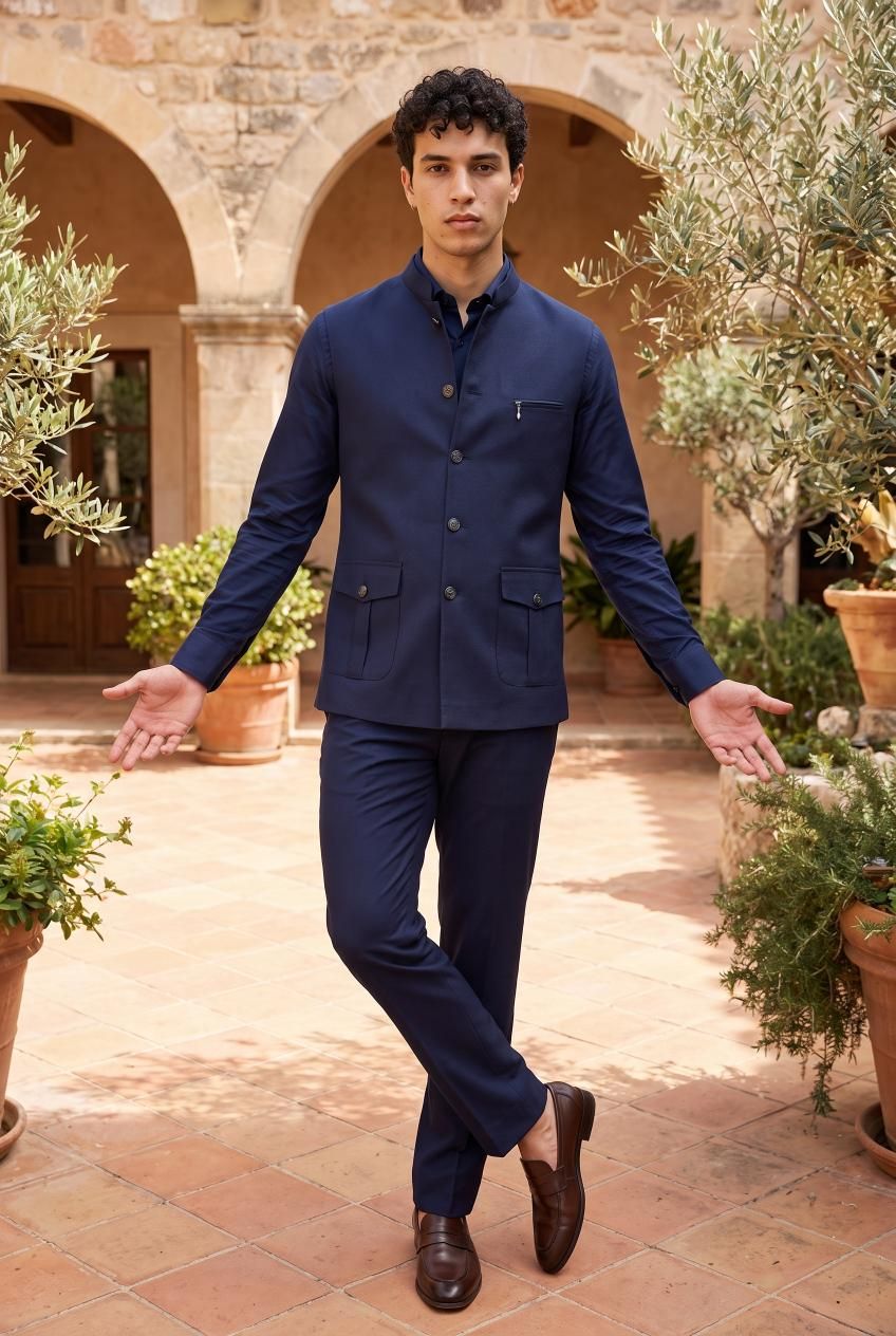 Navy Blue Prime Jute Nehru Jacket