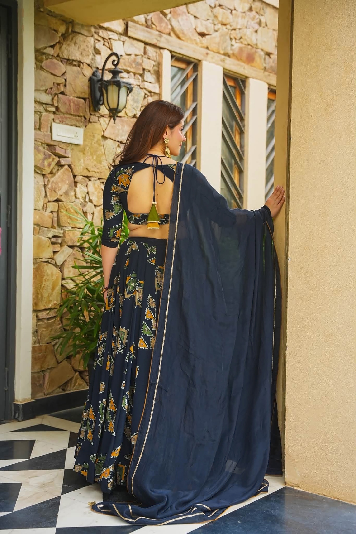 Navy Blue Printed Designer French Crepe Crop Top Lehenga — alternate view