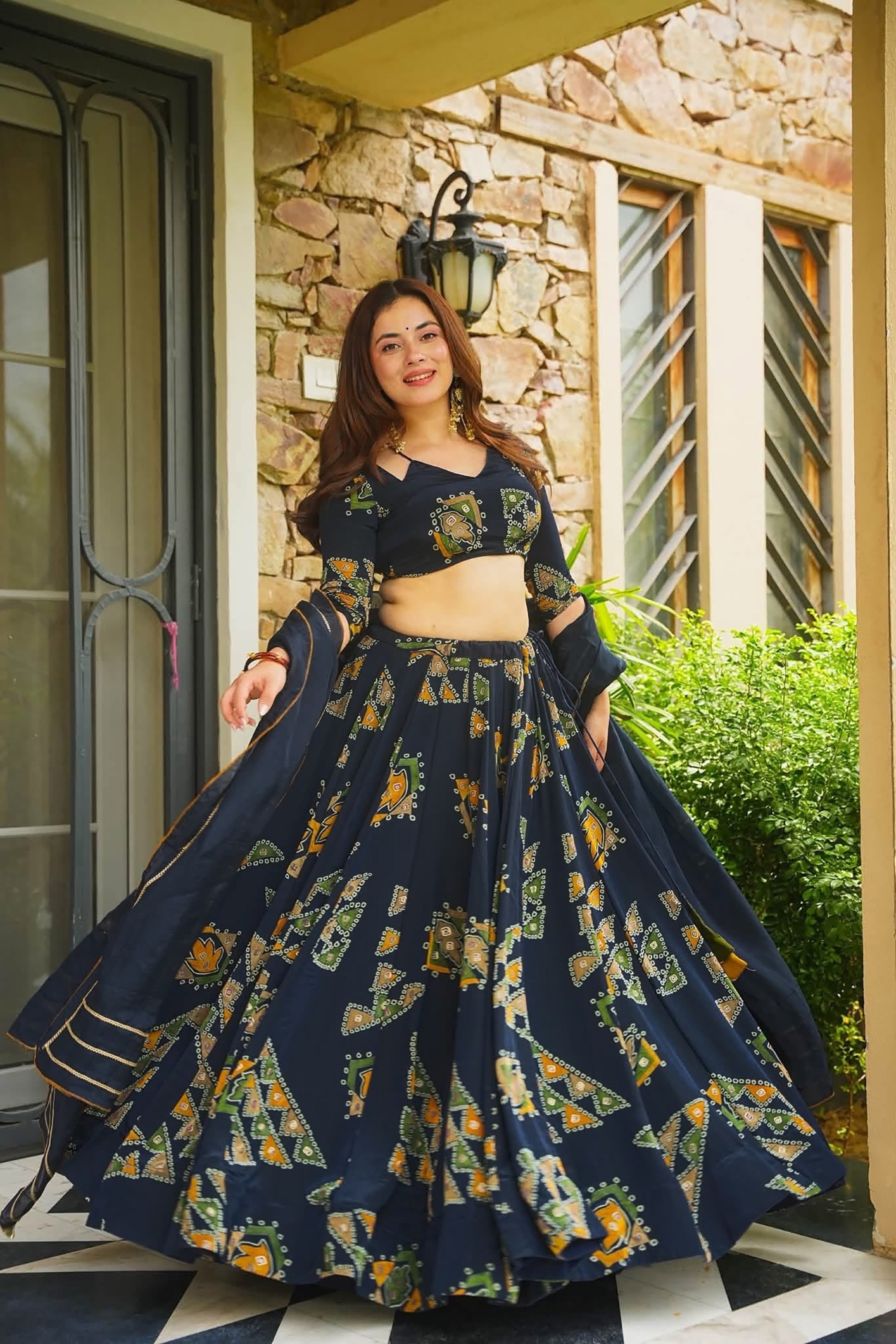 Navy Blue Printed Designer French Crepe Crop Top Lehenga