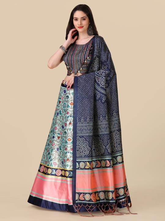 Navy Blue Printed Satin Silk Lehenga