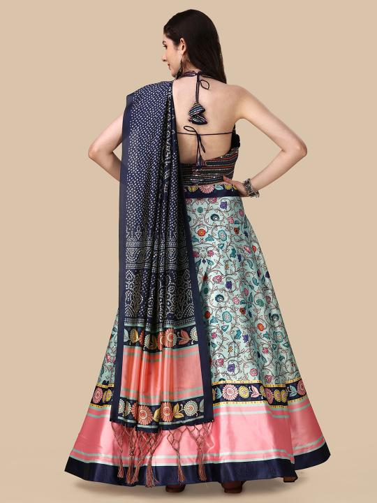 Navy Blue Printed Satin Silk Lehenga — alternate view
