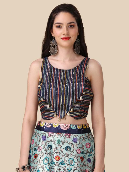 Navy Blue Printed Satin Silk Lehenga