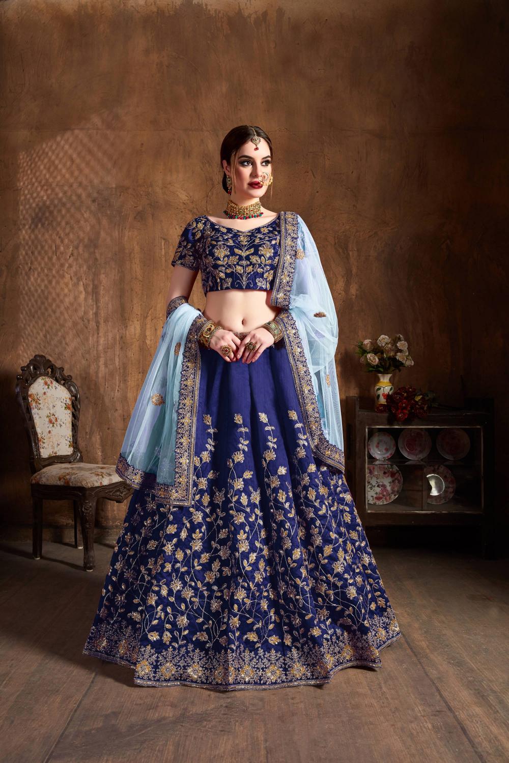 Navy Blue Raw Silk Lehenga Choli