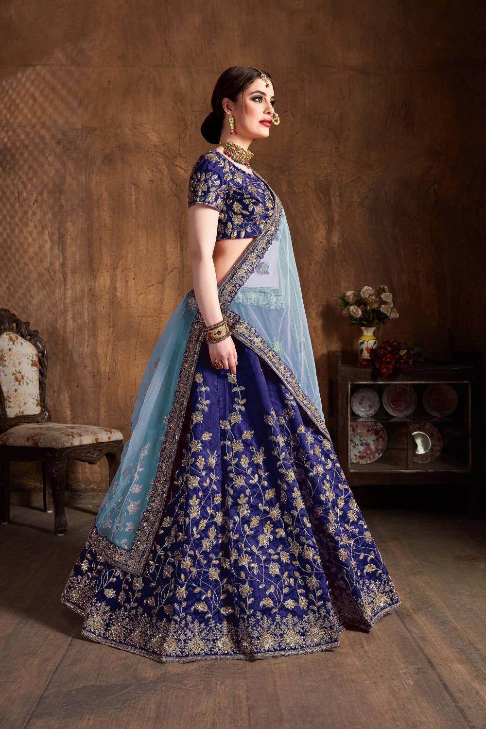 Navy Blue Raw Silk Lehenga Choli