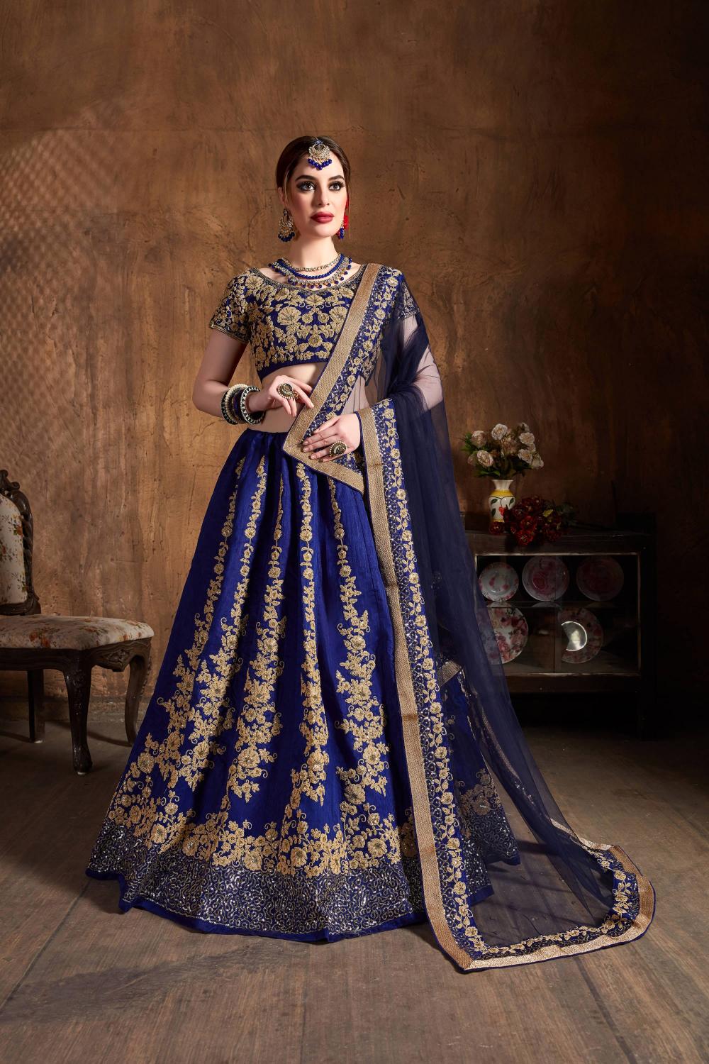 Navy Blue Raw Silk Umbrella Lehenga Choli