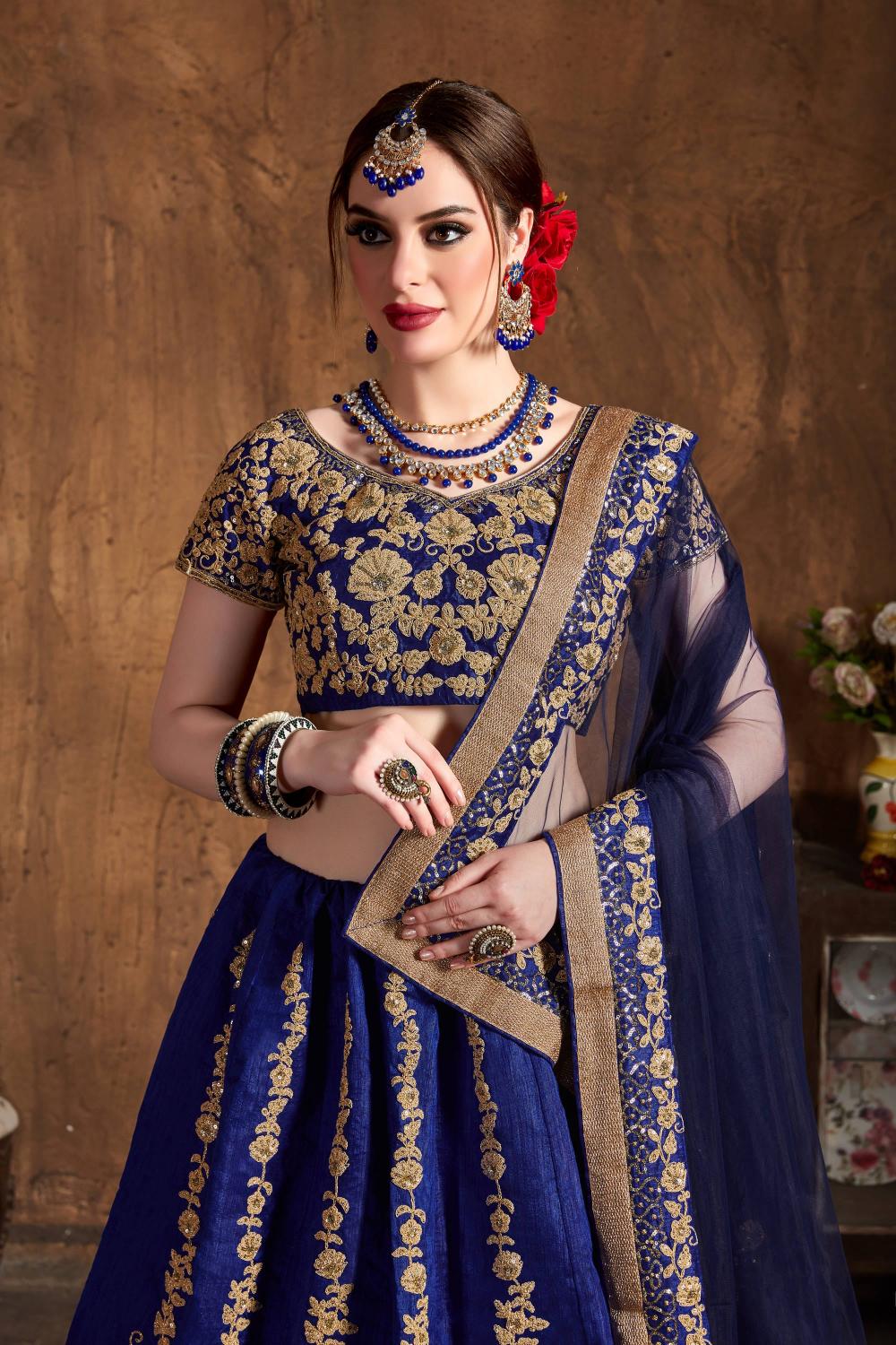 Navy Blue Raw Silk Umbrella Lehenga Choli