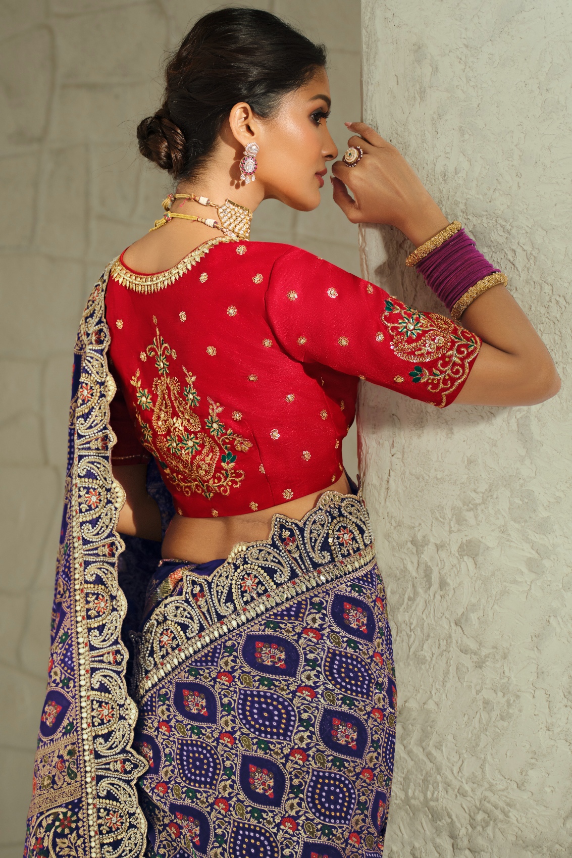 Navy Blue Red Bandhej Moti Work Georgette Saree — alternate view