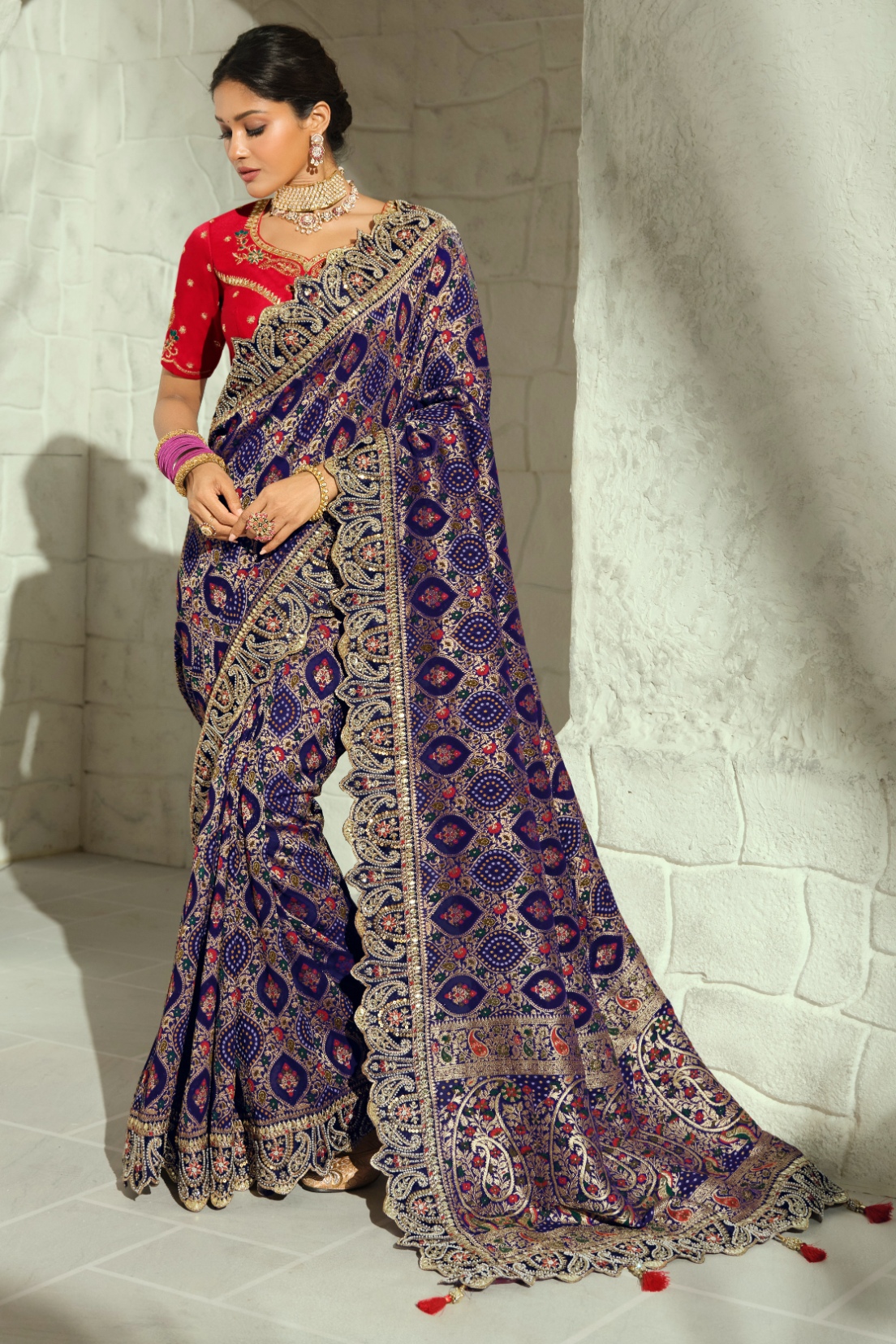 Navy Blue Red Bandhej Moti Work Georgette Saree