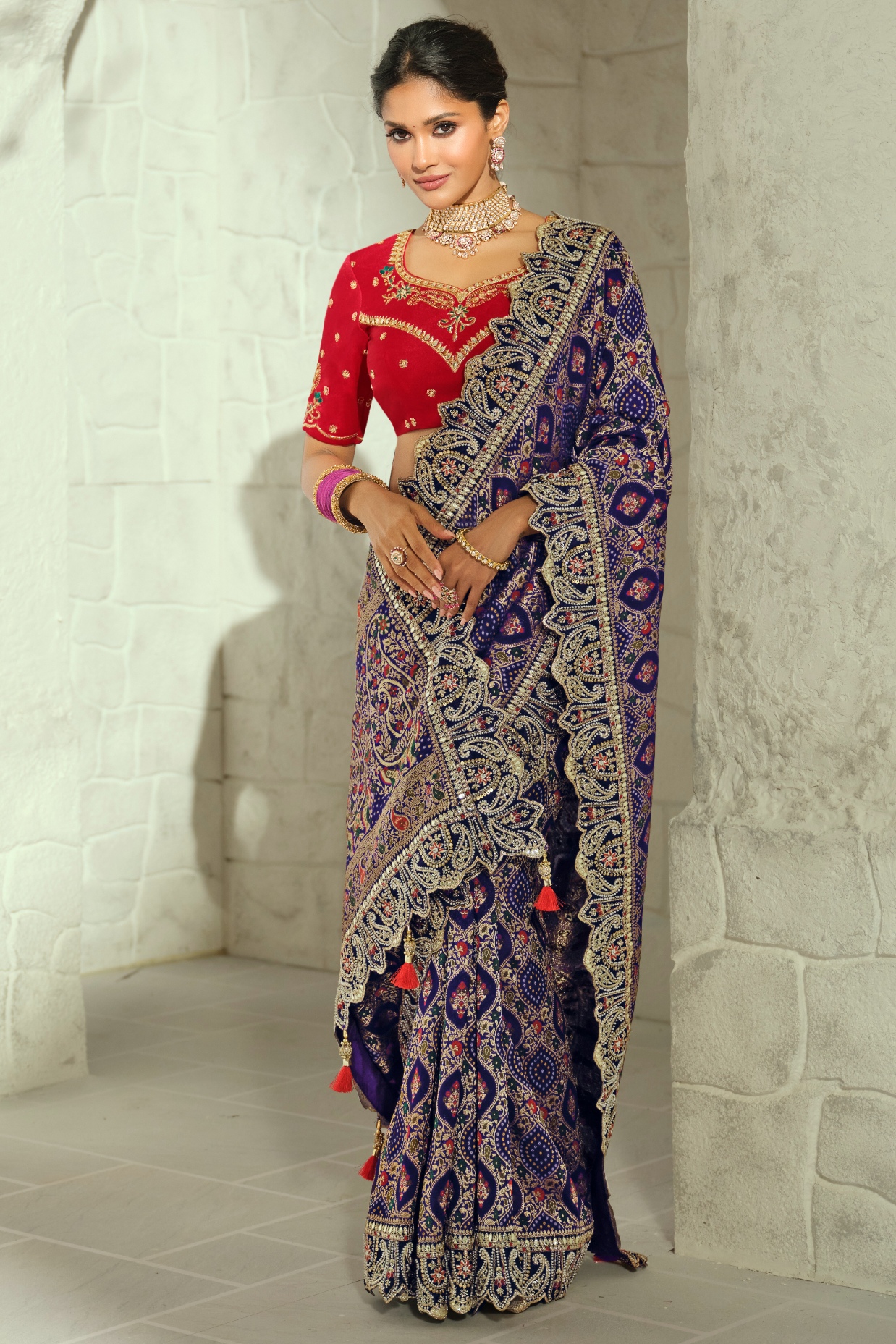 Navy Blue Red Bandhej Moti Work Georgette Saree