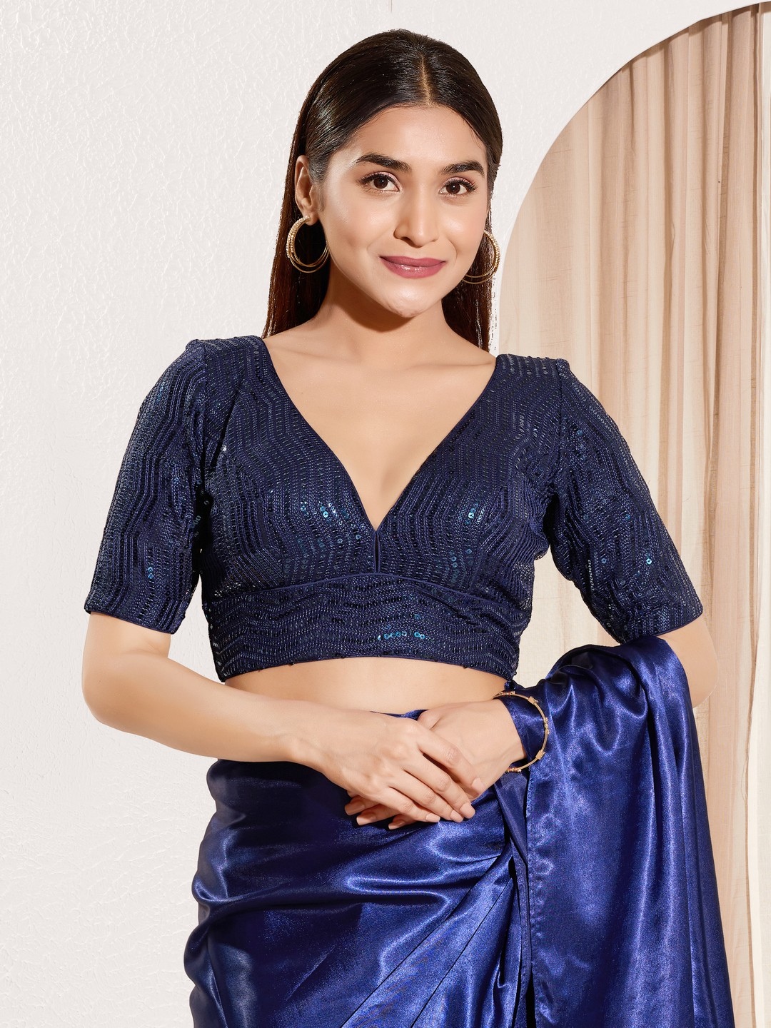 Navy Blue Sequin Geometric Embellished Blouse