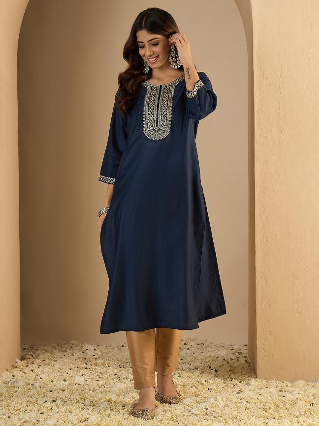 Navy Blue Silk Blend Embroidered Kurti