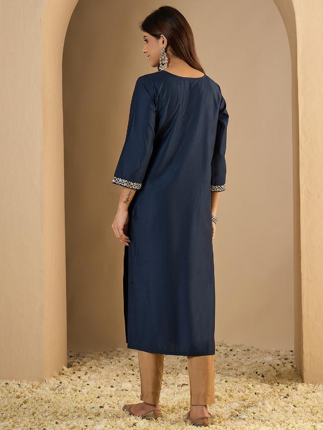 Navy Blue Silk Blend Embroidered Kurti — alternate view