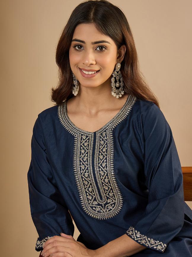 Navy Blue Silk Blend Embroidered Kurti