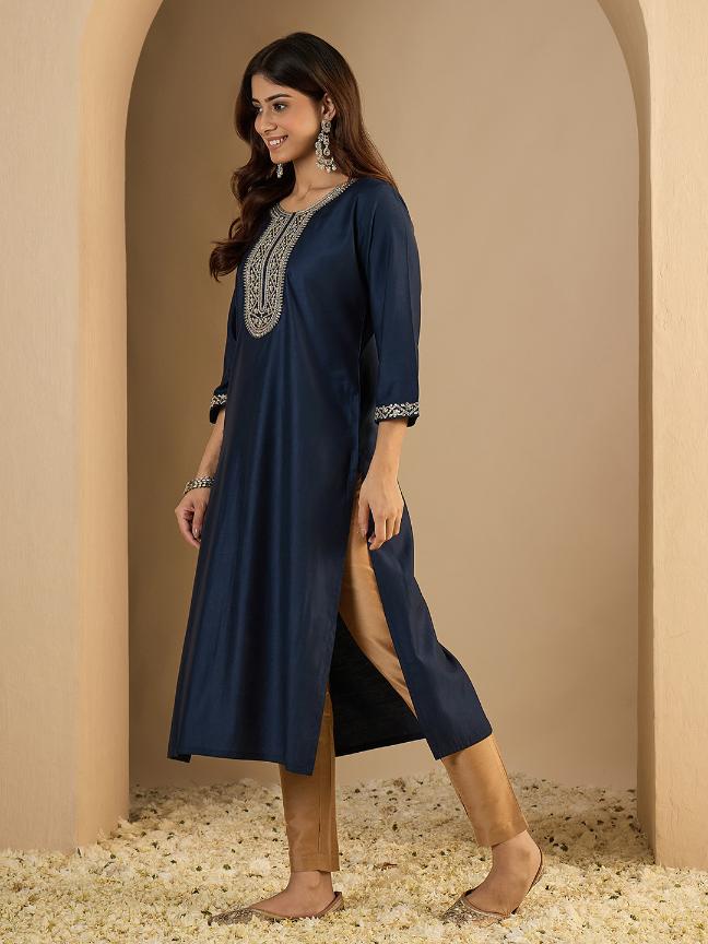 Navy Blue Silk Blend Embroidered Kurti