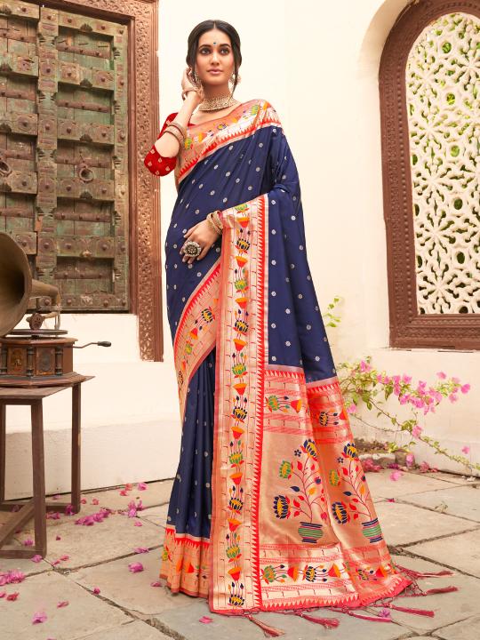 Navy Blue Silk Blend Saree