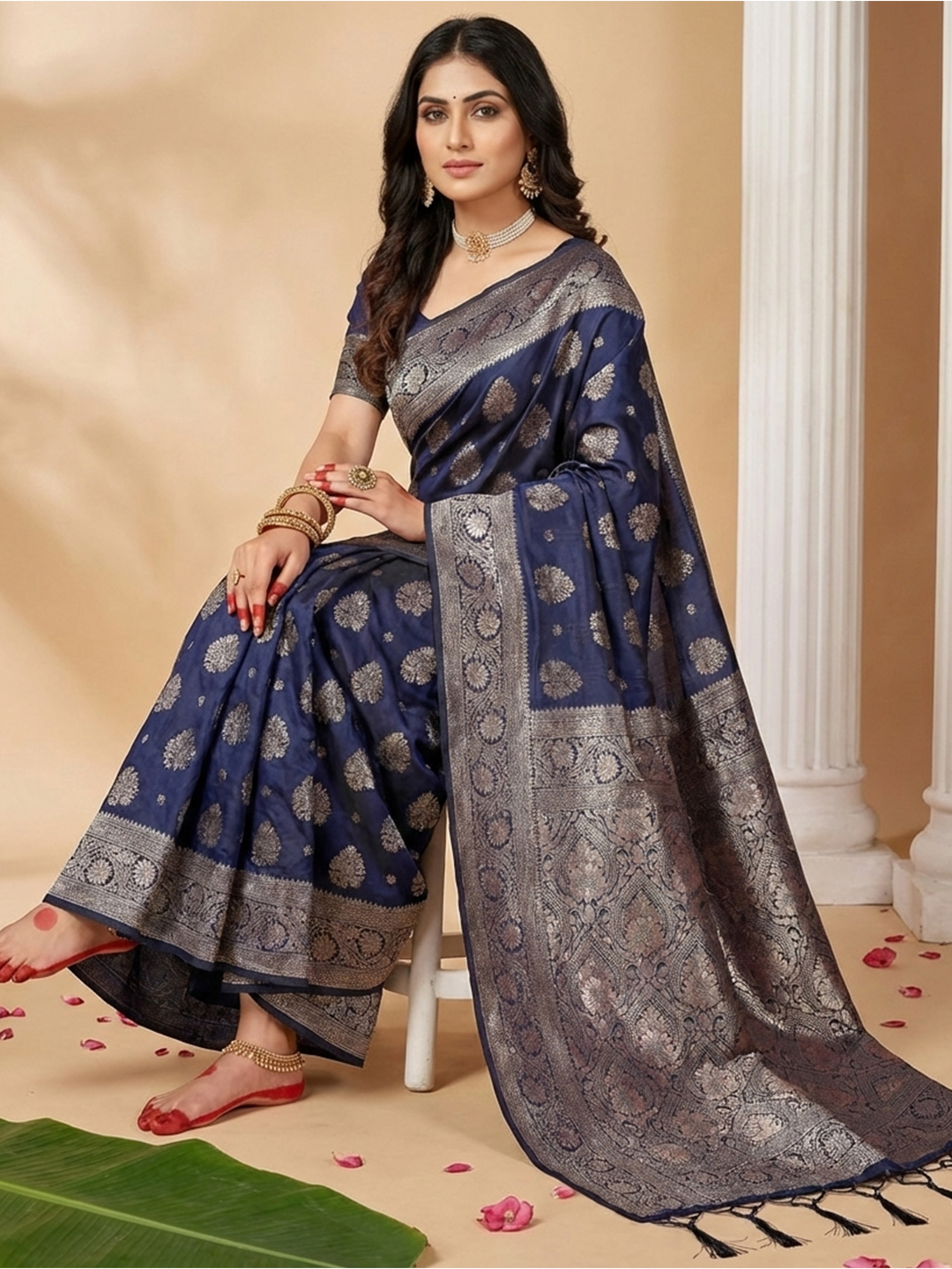 Navy Blue Silk Blend Woven Designer Saree