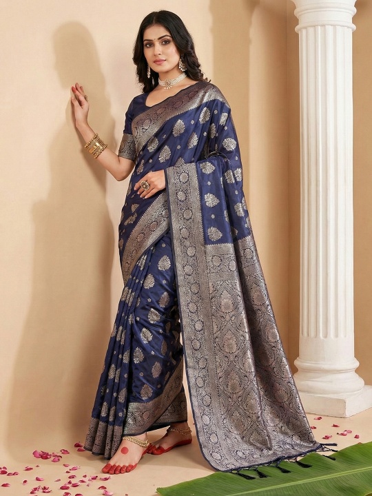 Navy Blue Silk Blend Woven Designer Saree