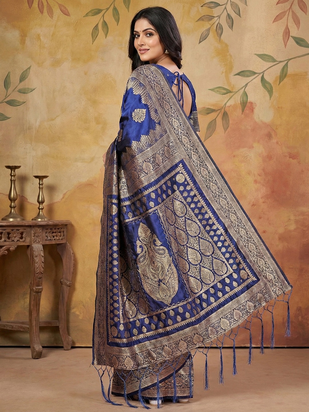 Navy Blue Silk Blend Woven Designer Wedding Saree — alternate view