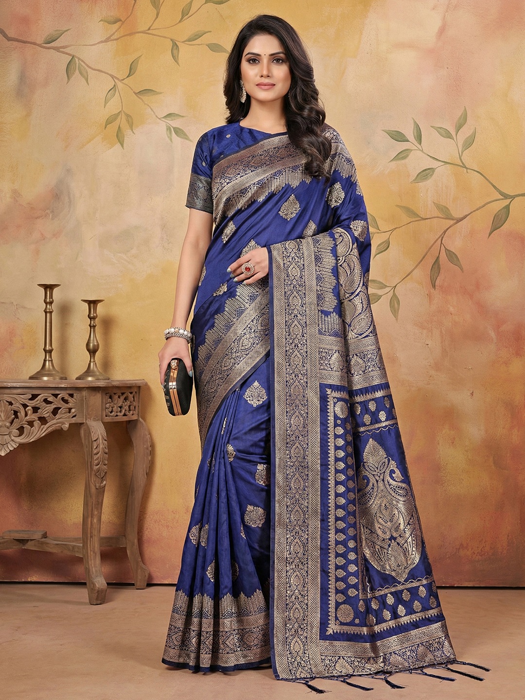 Navy Blue Silk Blend Woven Designer Wedding Saree