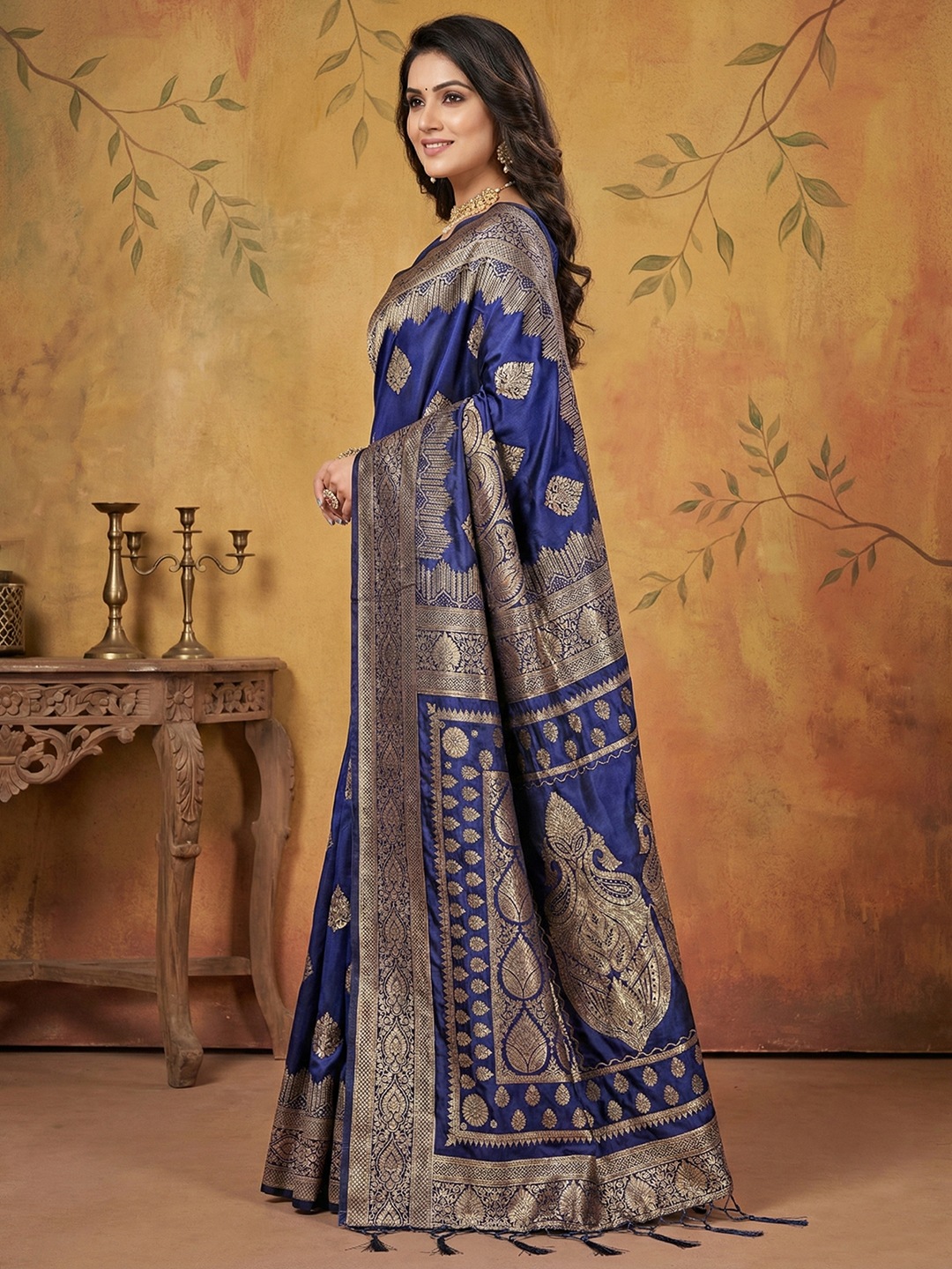 Navy Blue Silk Blend Woven Designer Wedding Saree