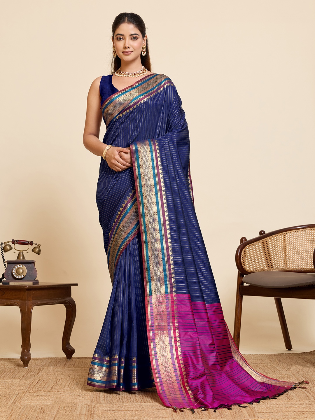 Navy Blue Silk Dual Tone Zari Woven Designer Saree