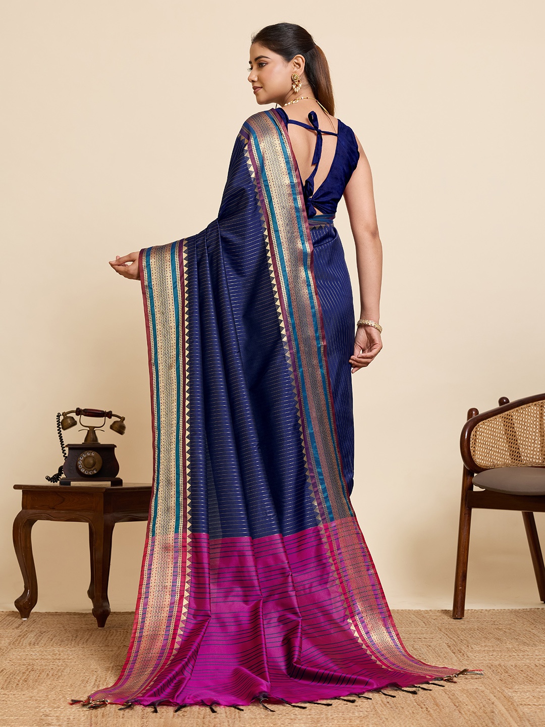 Navy Blue Silk Dual Tone Zari Woven Designer Saree — alternate view