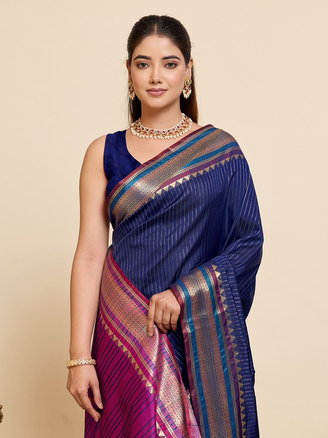 Navy Blue Silk Dual Tone Zari Woven Designer Saree